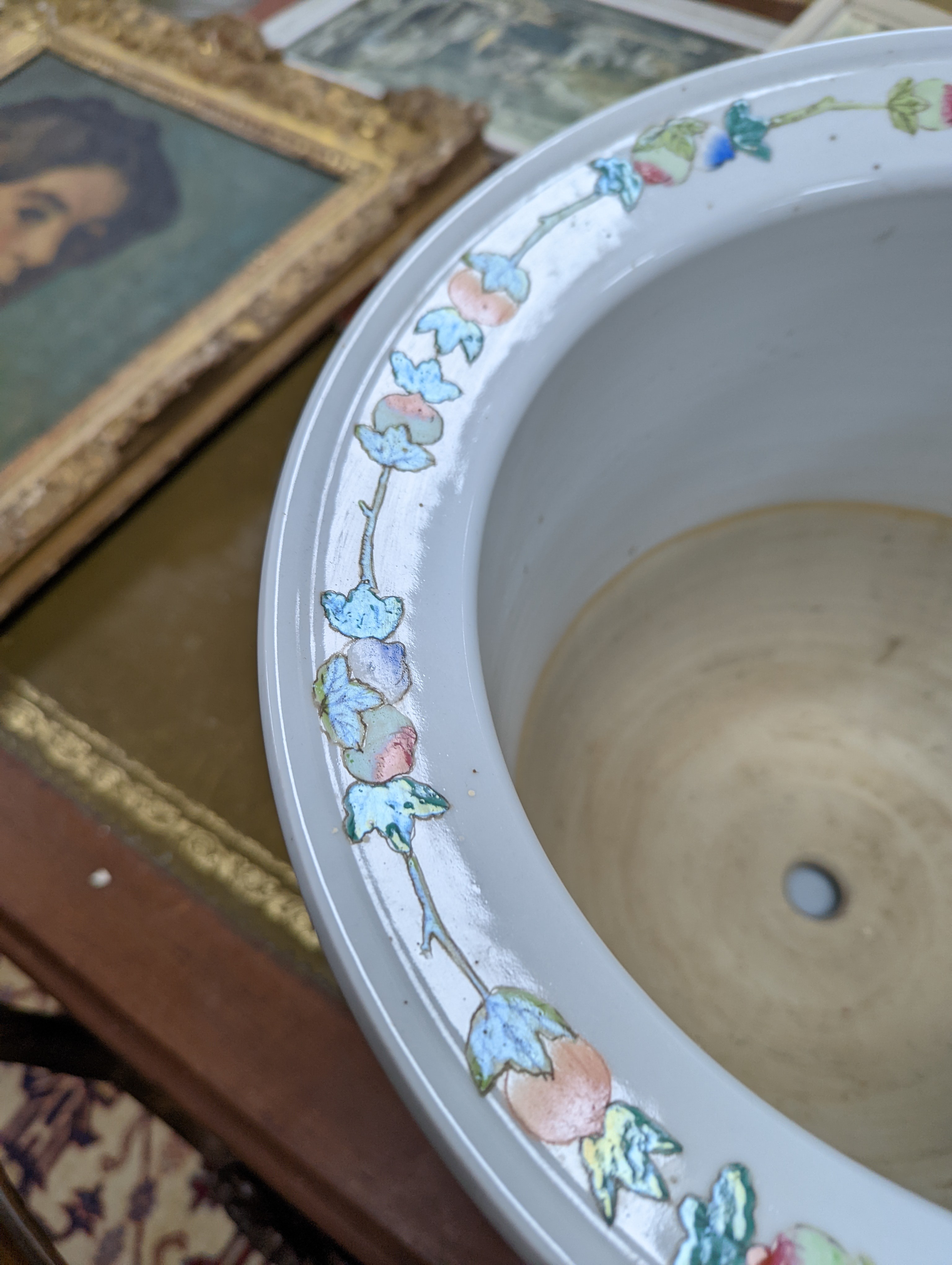 A 20th century Chinese porcelain jardiniere and dish, diameter 36 cms.